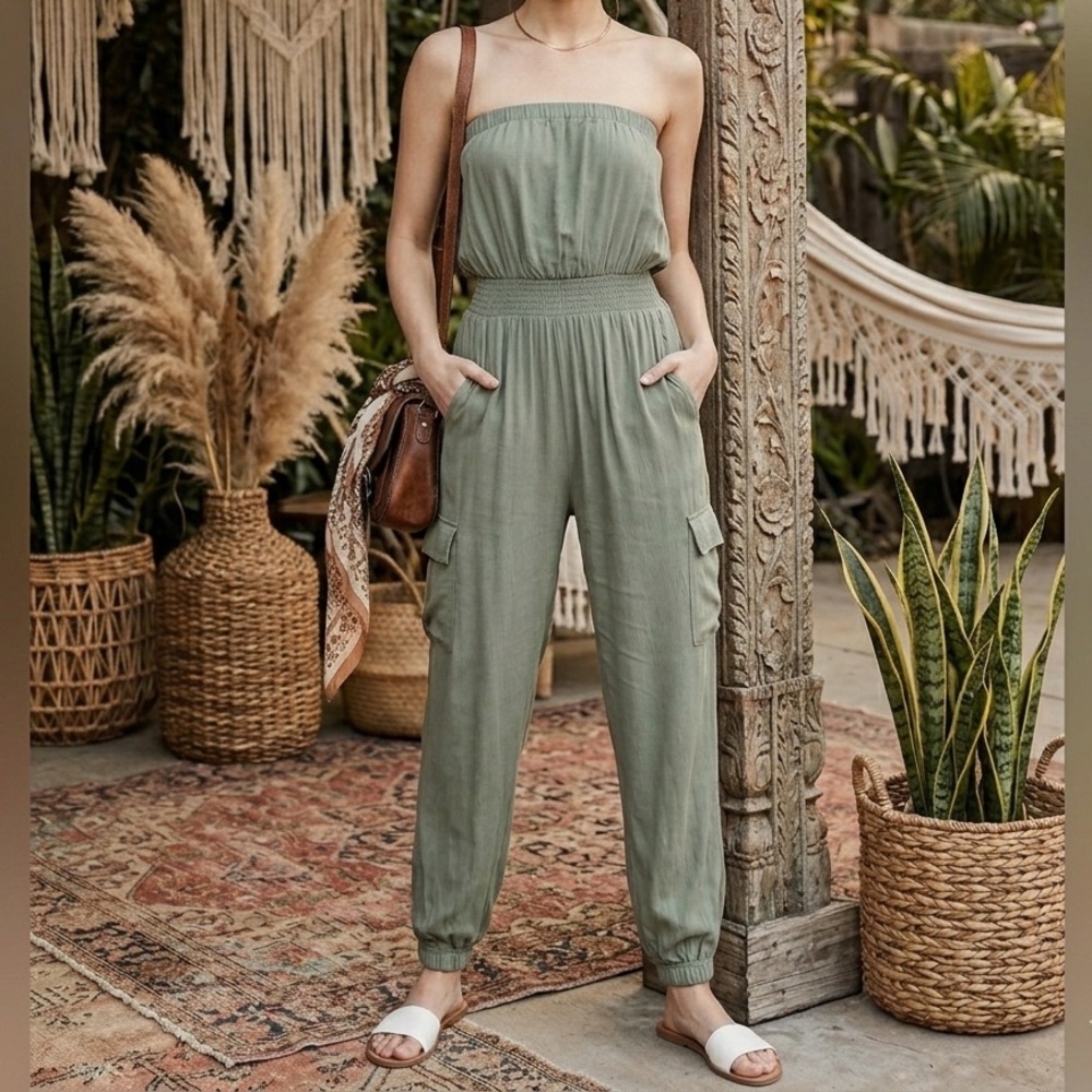 NWT Strapless Tube Cargo Jumpsuit - Dark Green - Small
